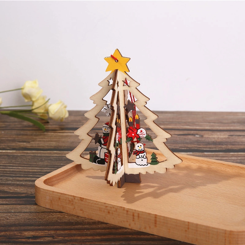 Factory Direct Sales Creative Wooden Small Wood Chips Assembled Bells Christmas Tree Family Decorations Children's Gifts