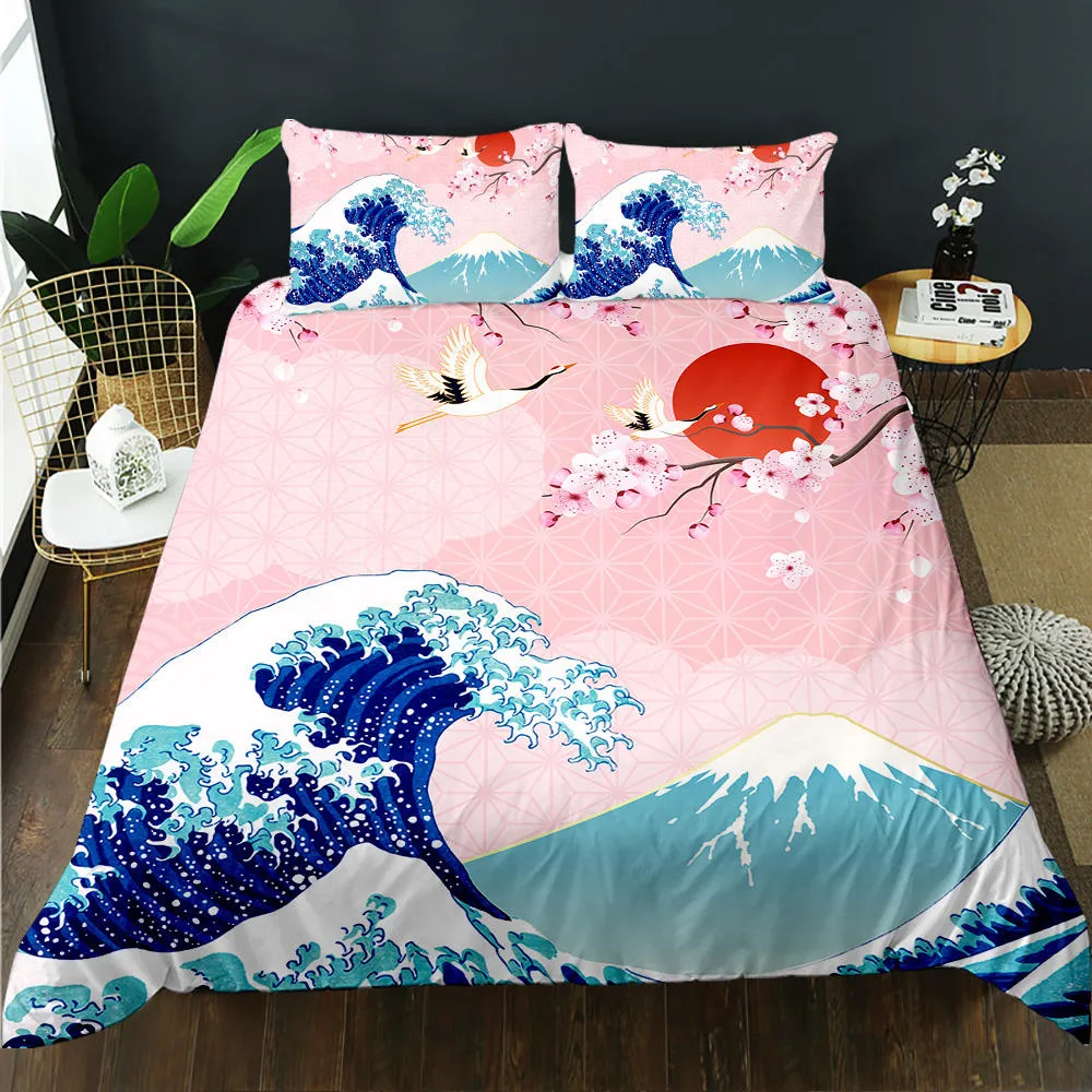 National Fashion 3D Blue Waves Rosa Luxo Quarto cama Queen Conjunto de roupas de cama
