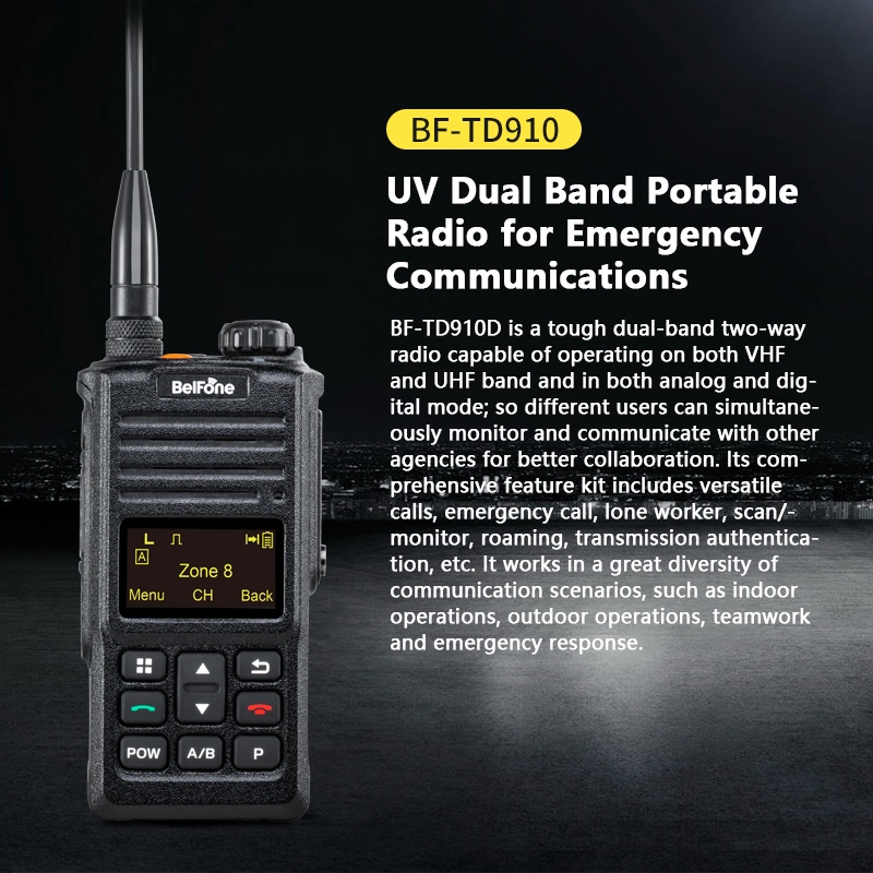 Rádio bidirecional de proteção IP68 Belfone BF-Td910UV para segurança pessoal E Talkie de DMR Walkie de banda dupla de comunicação crítica