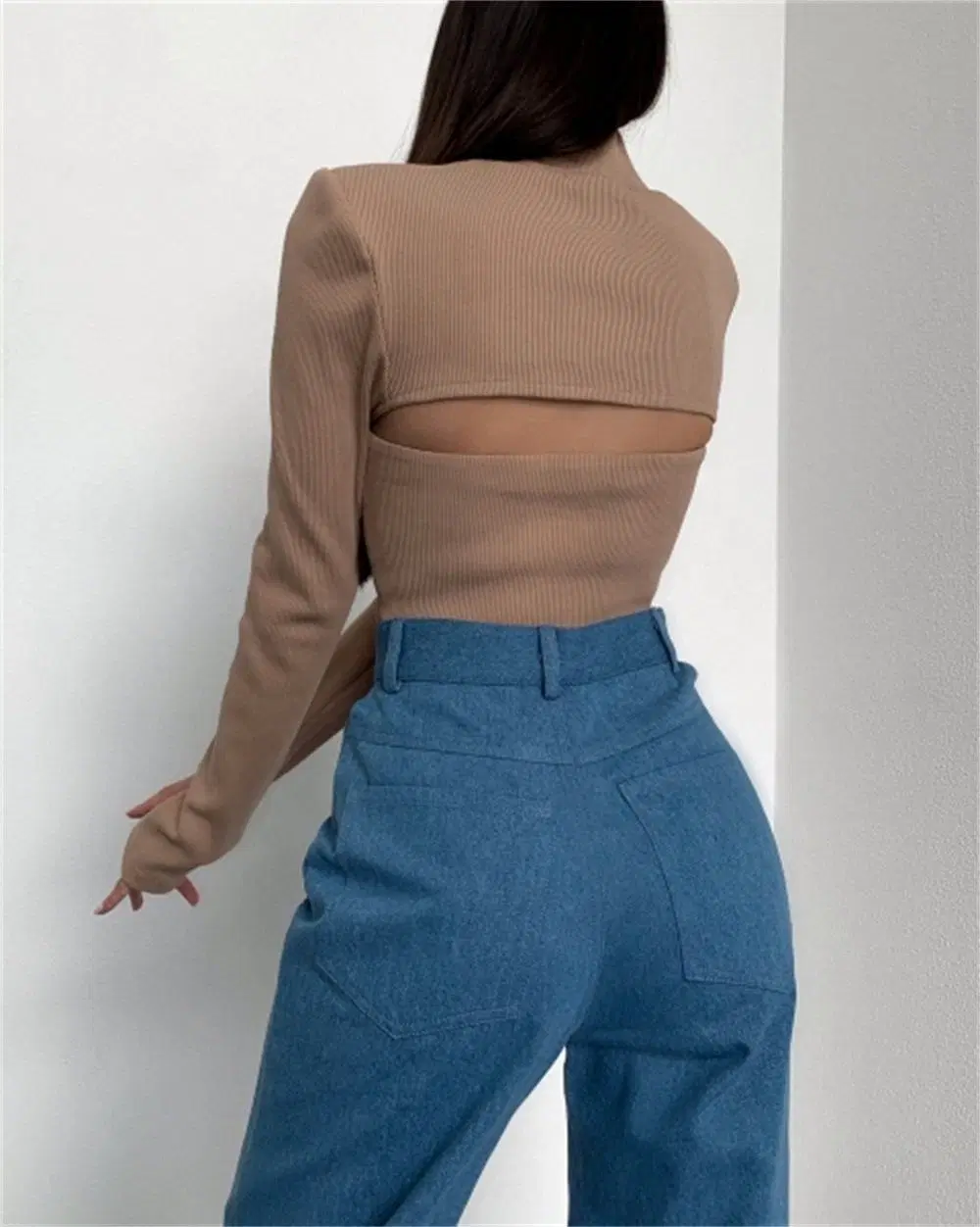 High Neck Long Sleeve Rib Custom Tops Hollow out Crop Top Two Piece Set Girl Sexy Knitted Sweater Women