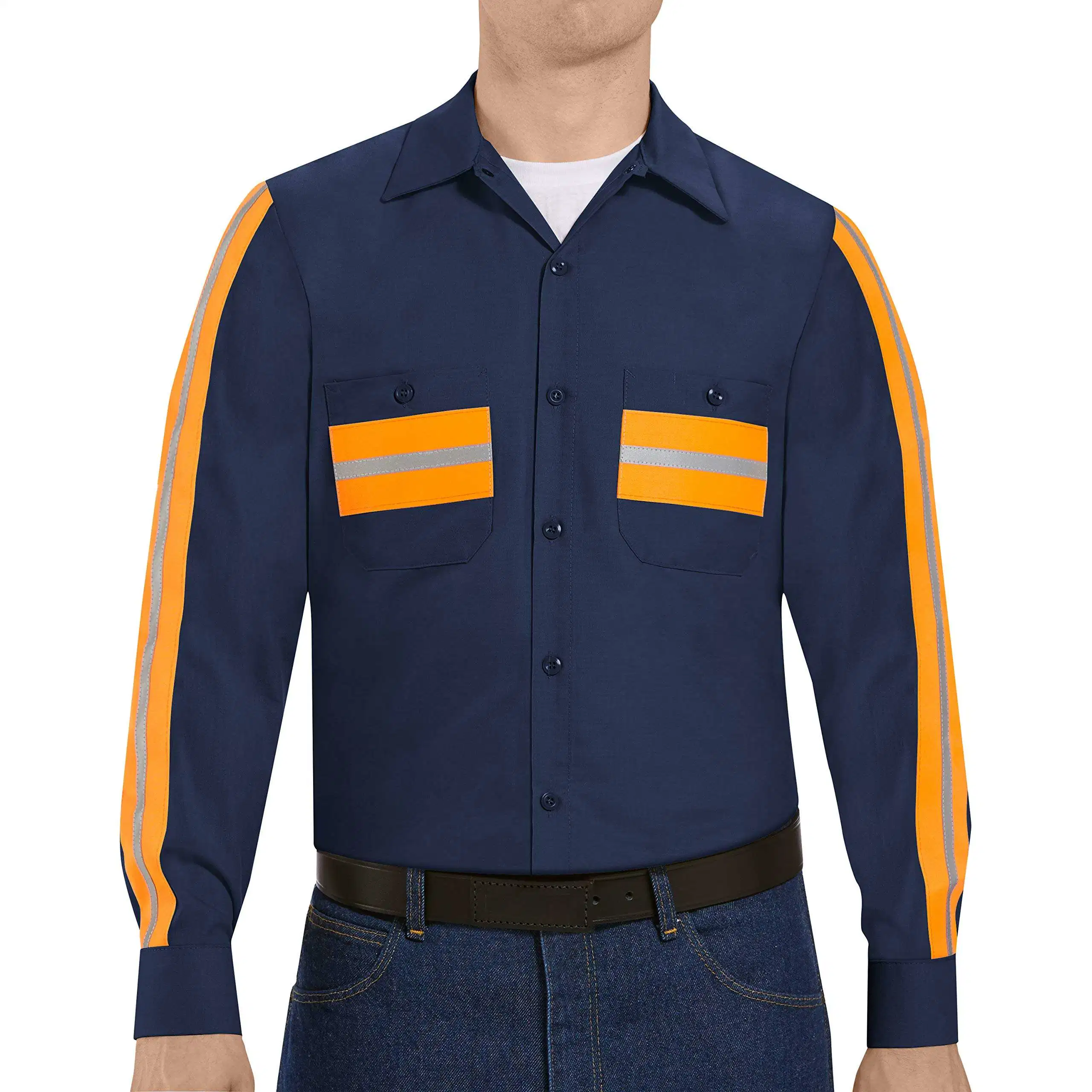 قميص عمل من القطن عالي الوضوح للرجال بوصة S WorkWear قميص عمل بطوق مصفوف بقطعتين صناعي