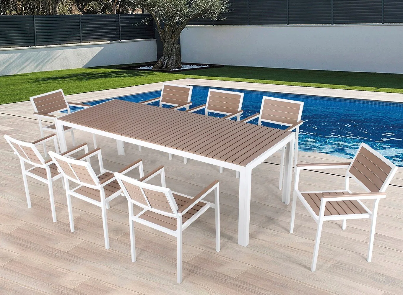 Heißer Verkauf Outdoor Garden Hotel Restaurant Aluminium Rahmen Kunststoff Holz Terrasse Esstisch Stuhl Möbel