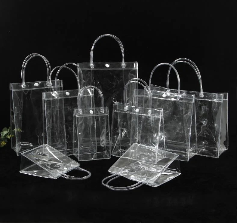 Custom Transparent Plastic Packing PVC Handles Bags with Logo Clear PVC Bag with Clasp for Gifts
