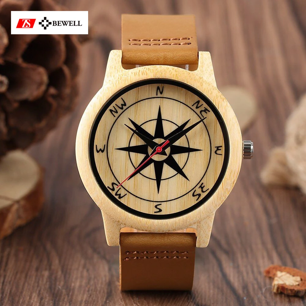 New Style Unisex Wood Craft Compass Watch with Leather Starp