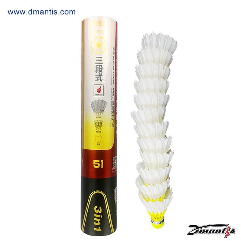 3en1 suministro de fábrica clase a pluma de ganso shuttlecock Color amarillo La más duradera estable Dmantis D51 velocidad de cierre