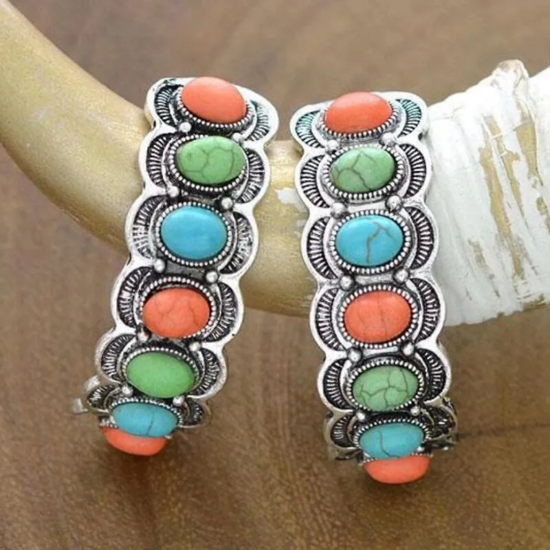 Turquoise Earrings Vintage Personality Stud Earrings Geometric Large Hoop Earrings