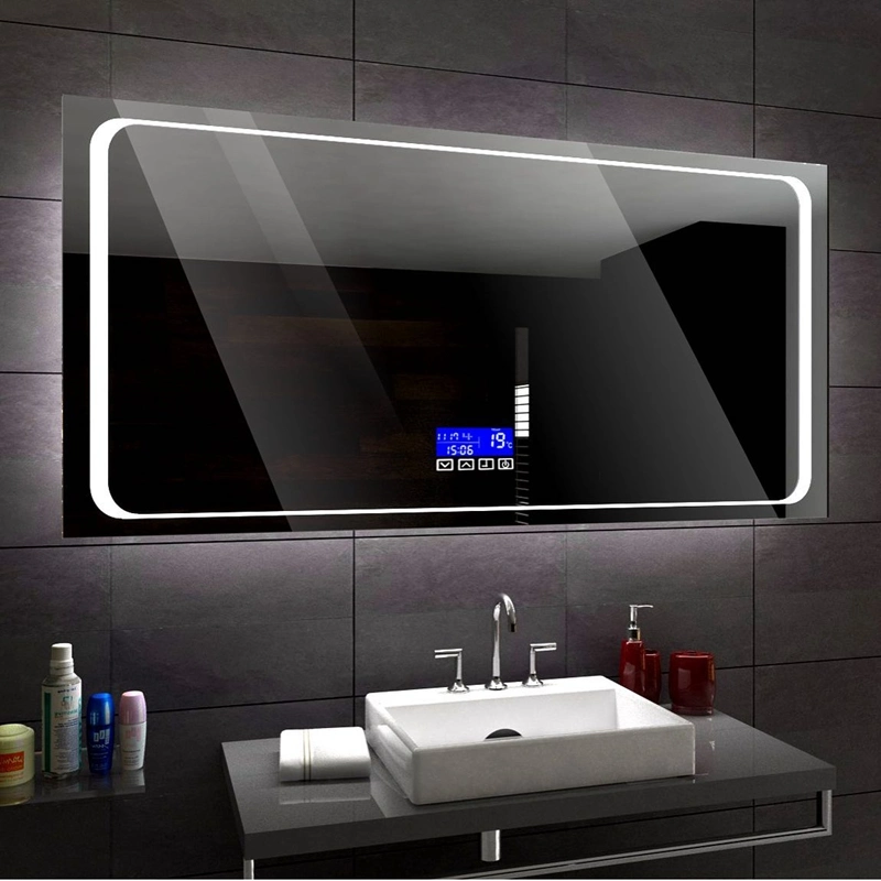 حمام مزود بمفتاح استشعار ذكي بمرآة LED بجهد 12 فولت مع نظام التحكم في المرآة مع وظيفة راديو FM بمكبر صوت Bluetooth لسماعة درجة الحرارة الزمنية