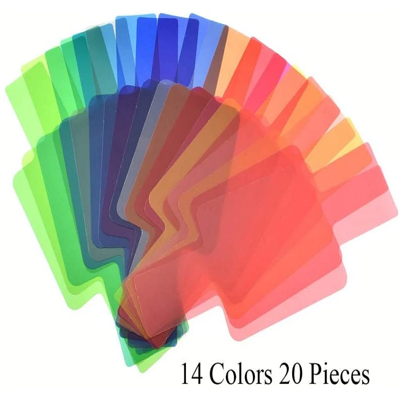 Kit de filtres d'éclairage Gels Flash 14 couleurs 20 pièces plus épais avec 2 bande élastique housse pratique haute résistance à la température de la photographie créative PETG/gag/feuilles en PET