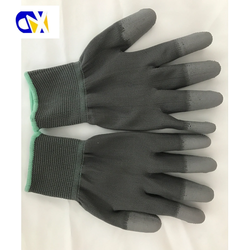 Gray Nylon Knitted PU Coated Finger Safety Work Gloves