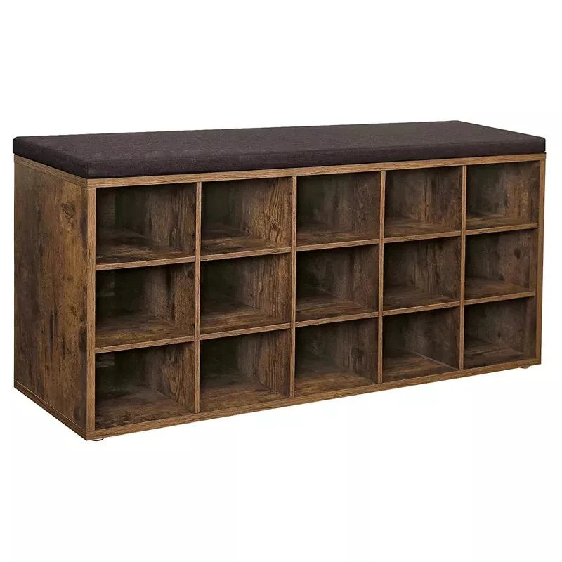 Rustic Brown Multi-Capacity Storage Shoe Rack 15-Cube Storage Bench Shoe Rack with Seat Cushion