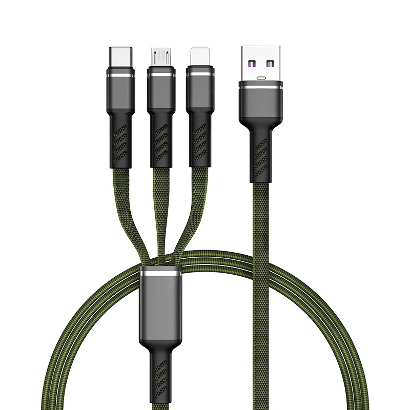 3-in-1noodle Flat Line Copper Core Nylon Braided Data Cable 2.4A Fast Charge Mobile Phone Charging Cable