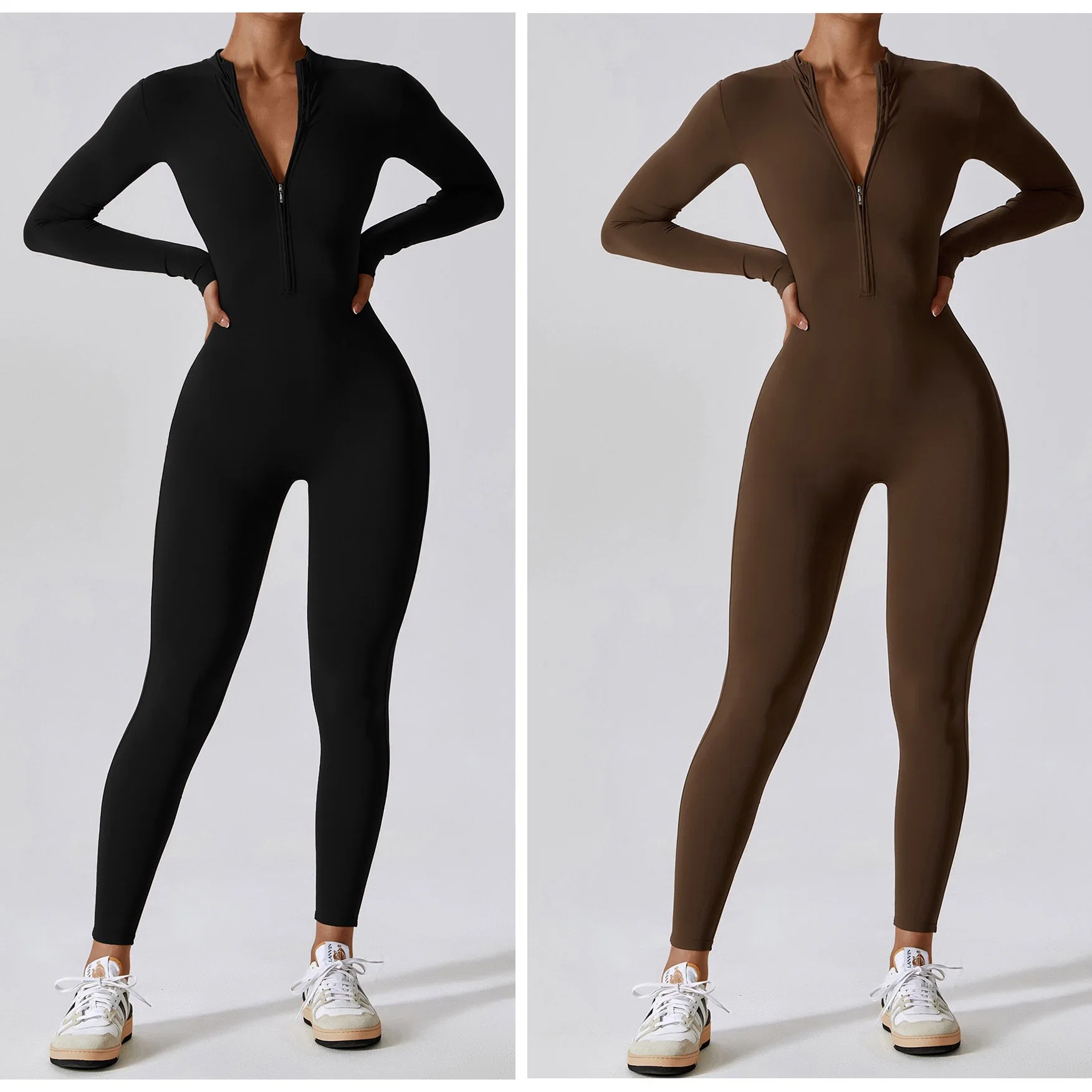 Factory Wholesale/Supplier Long Sleeve Zip up Full Length Romper Playsuit Bodycon Unitard One Piece Yoga Workout Fitness Jumpsuit