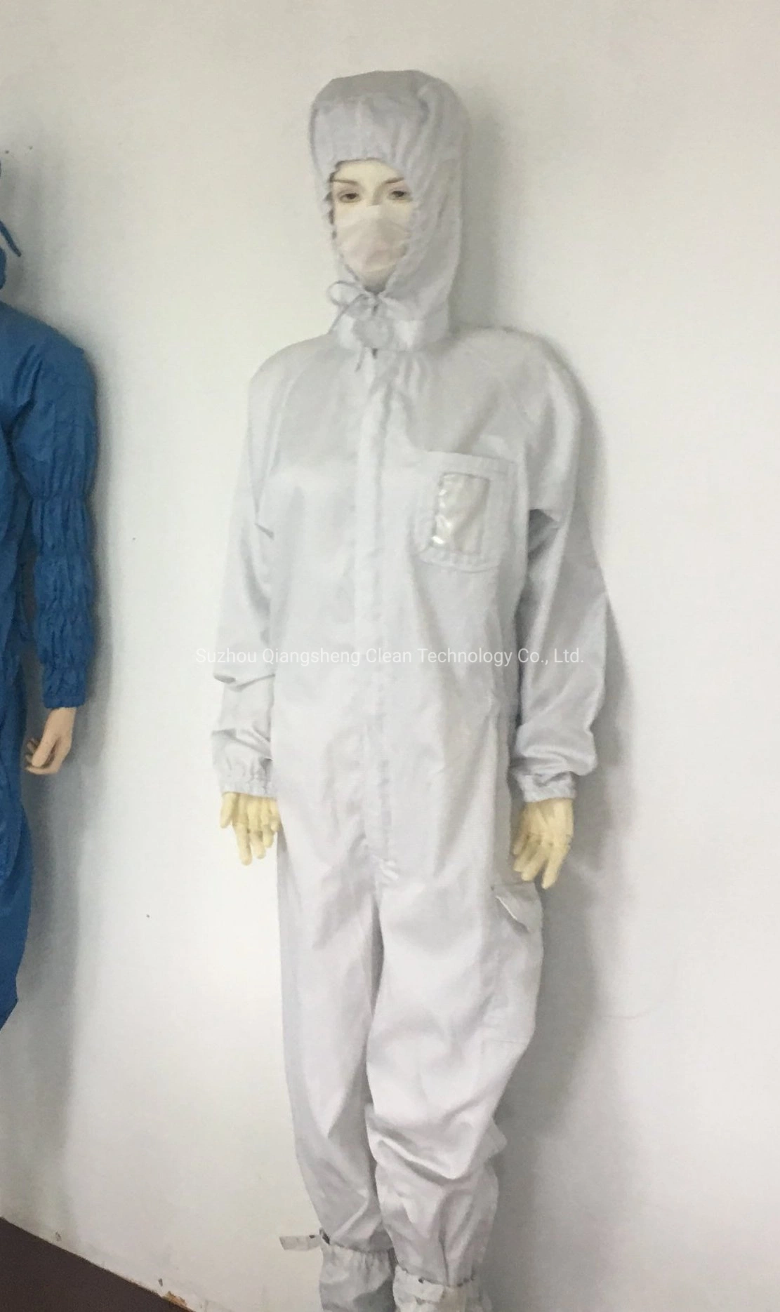 0.5 Grid 100% Polyester Filament Yarn MID-Open Placket Duet-Free ESD Hooded Jumpsuit