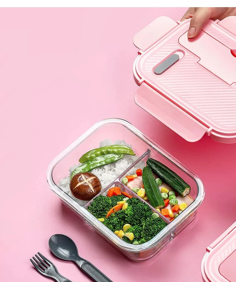 1060ml Glass Bento Lunch Box Microwave Safe Colored Glass Meal Organize Container with Cutlery Bag for Kids Adult