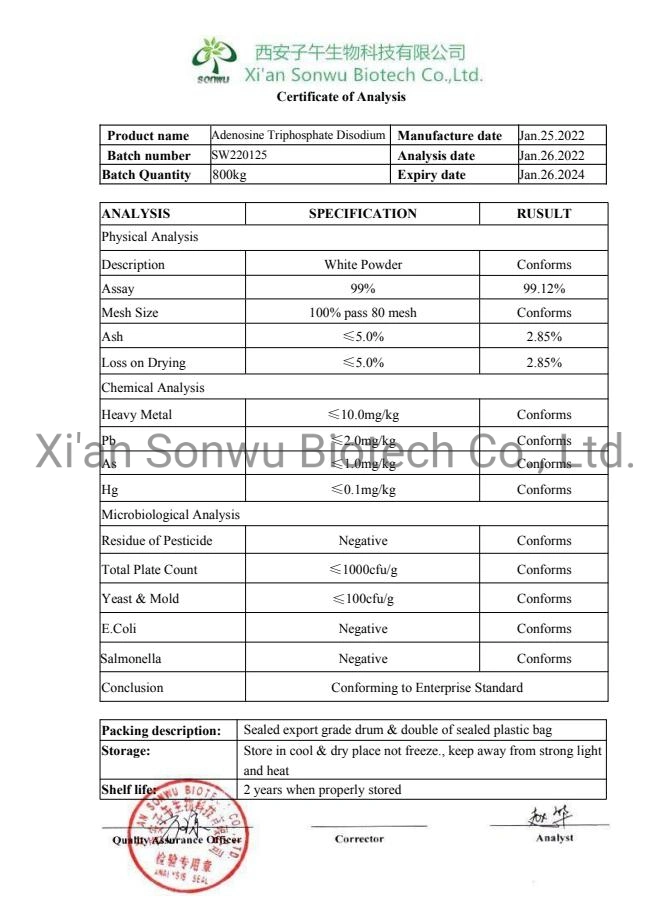 Sonwu suministro de materias primas de polvo de la ATP CAS 987-65-5 disódico trifosfato de adenosina