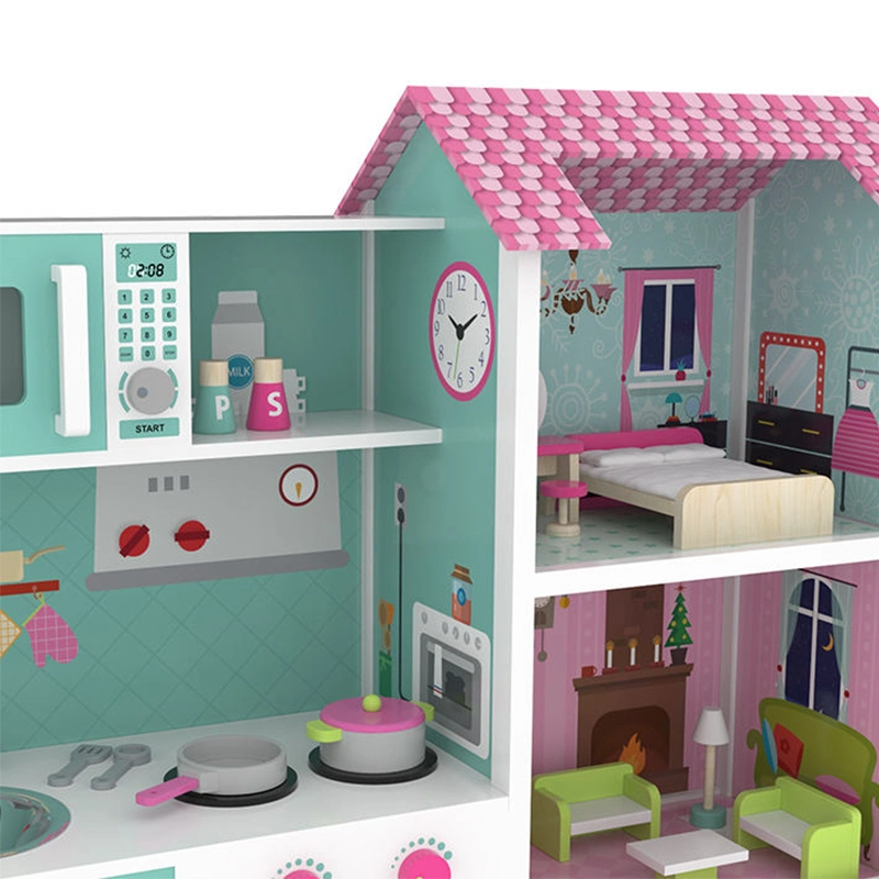 New Design Play Toys Wooden Play 2-in-1 Kitchen Baby Doll House for Kids with Furnitures