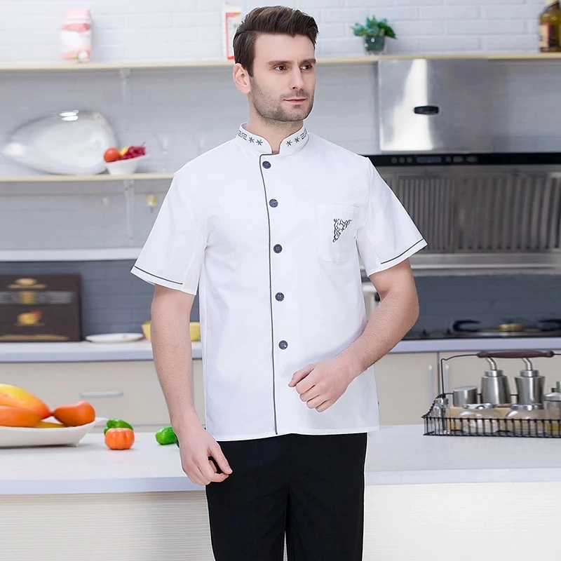 Chaqueta de Chef Botón Hombres Mujeres cocinero camisetas de manga corta