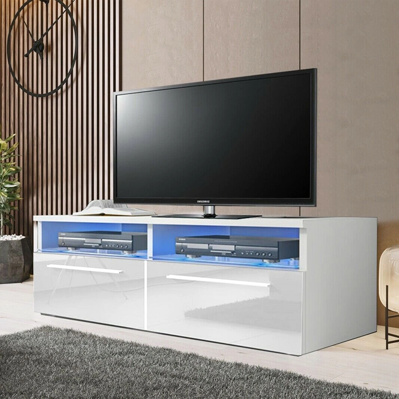 Luxury Modern White TV Cabinet Wood LED TV Unit Stand with Remote Control with Color-Changing Lighting