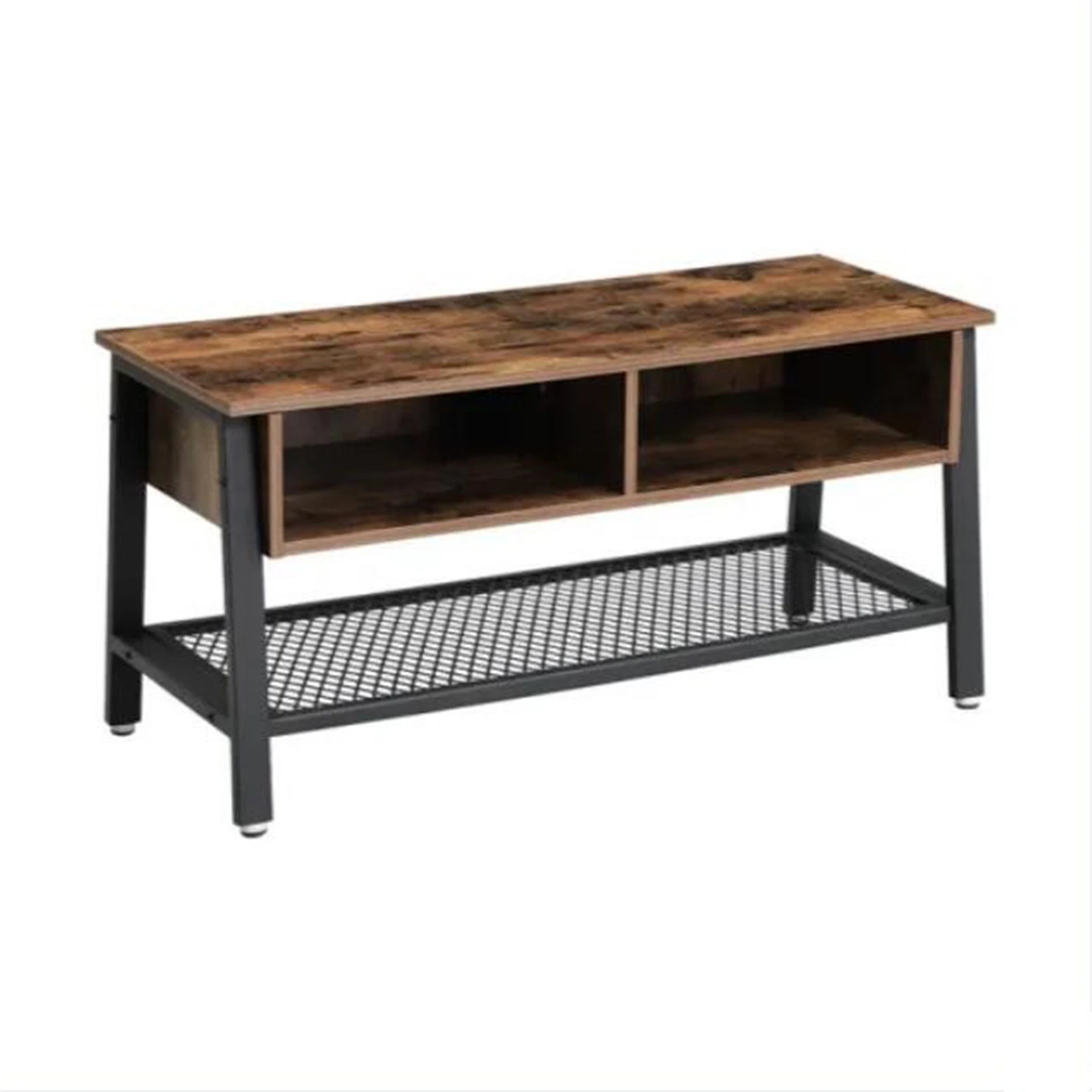 Industrial TV Stand with Mesh Shelf and Open Compartment