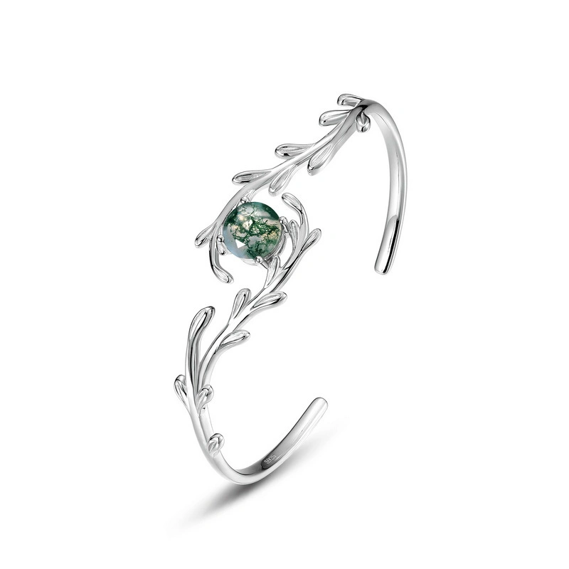 Fashion Jewelry Crystal Moss Agate Ocean Grass Agate Bracelet S925 Gemstone Jewelry Sterling Silver CZ Bangle for Women