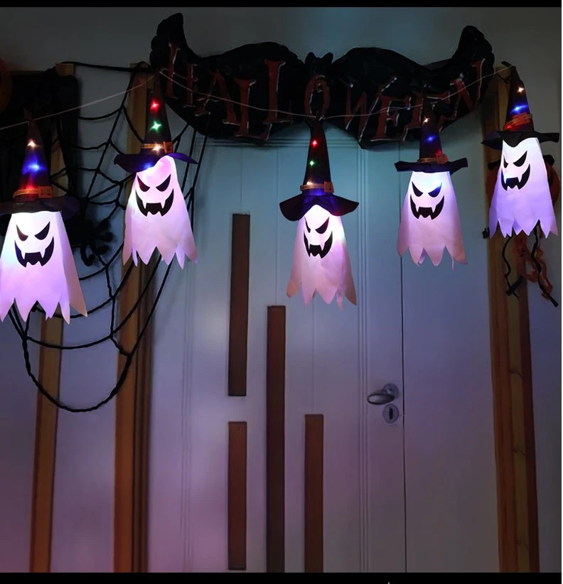 Halloween LED Lights Wizard Hat Hanging Lights Ghost Face Ghost Lights String Ghost Festival Horror Atmosphere Room Decoration Lights