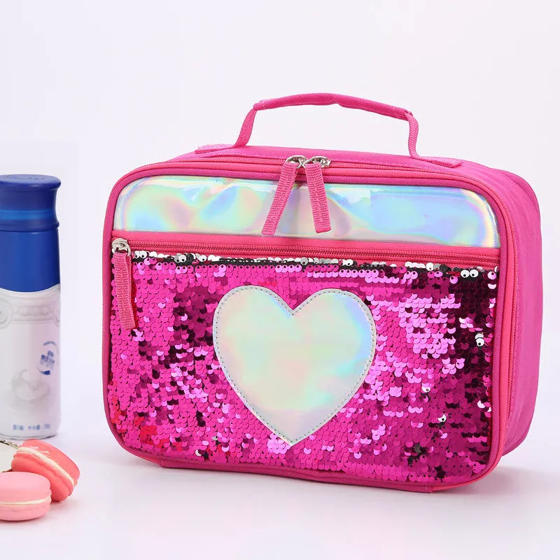 Stylish Pink Sparkling Sequin Food Cooler Bag Insulated Lunch Bag for Kids