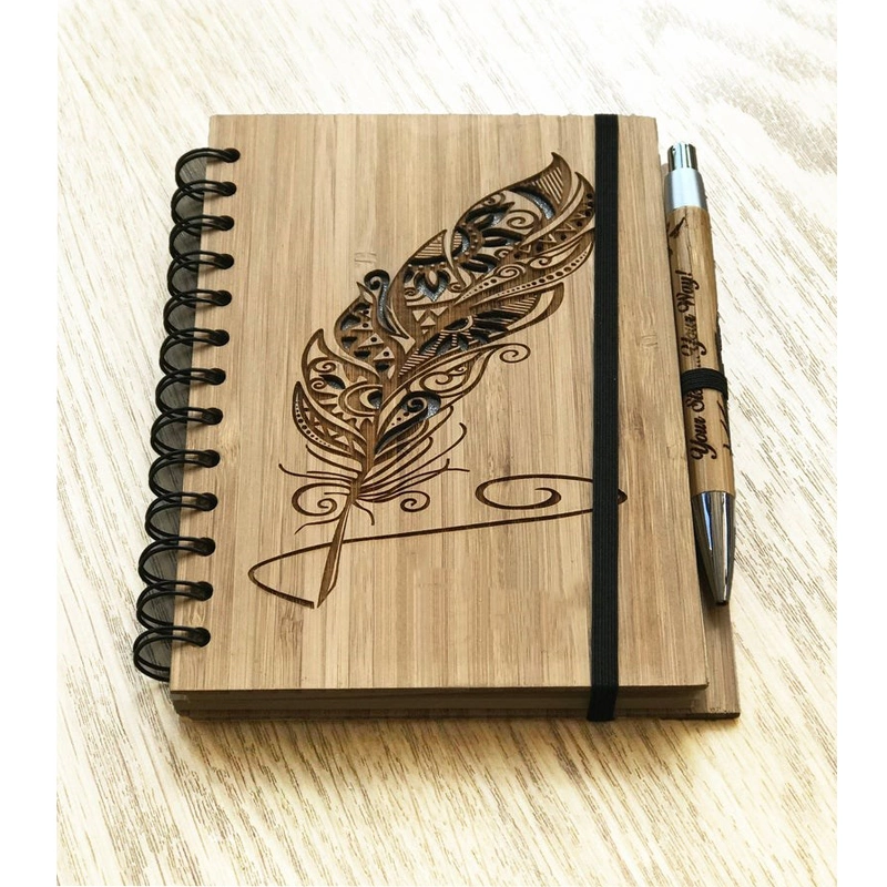 Gravado a Laser Feather Notebook de bambu Exercício personalizado Reserve Eco-Friendly Papelaria