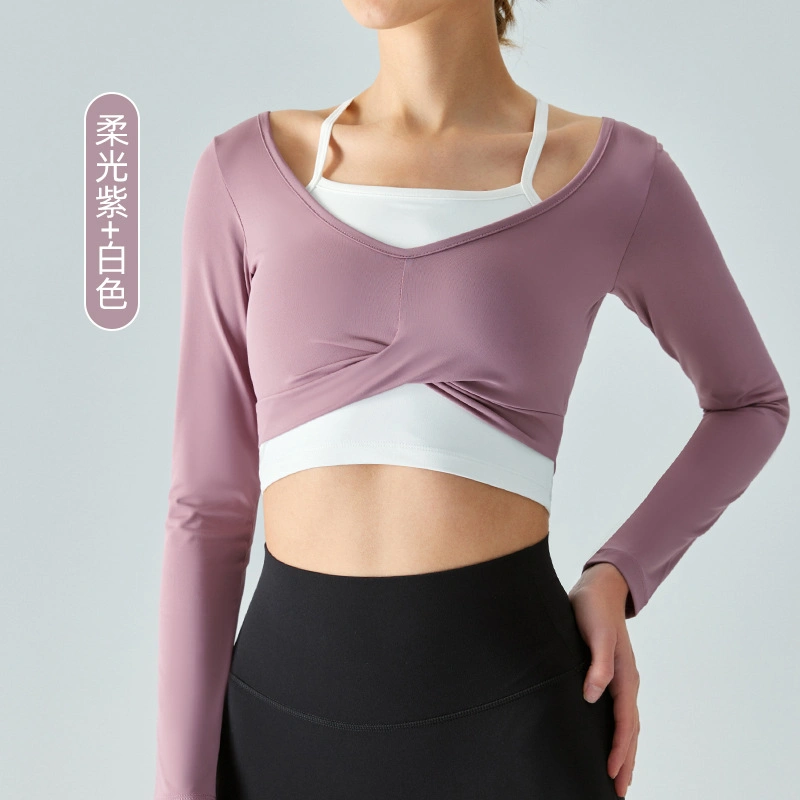 New Hanging Neck Fake Two Piece Semi Fixed Cups Front Chest Cross Ruffle Slim Fitness Yoga Long Sleeve Top