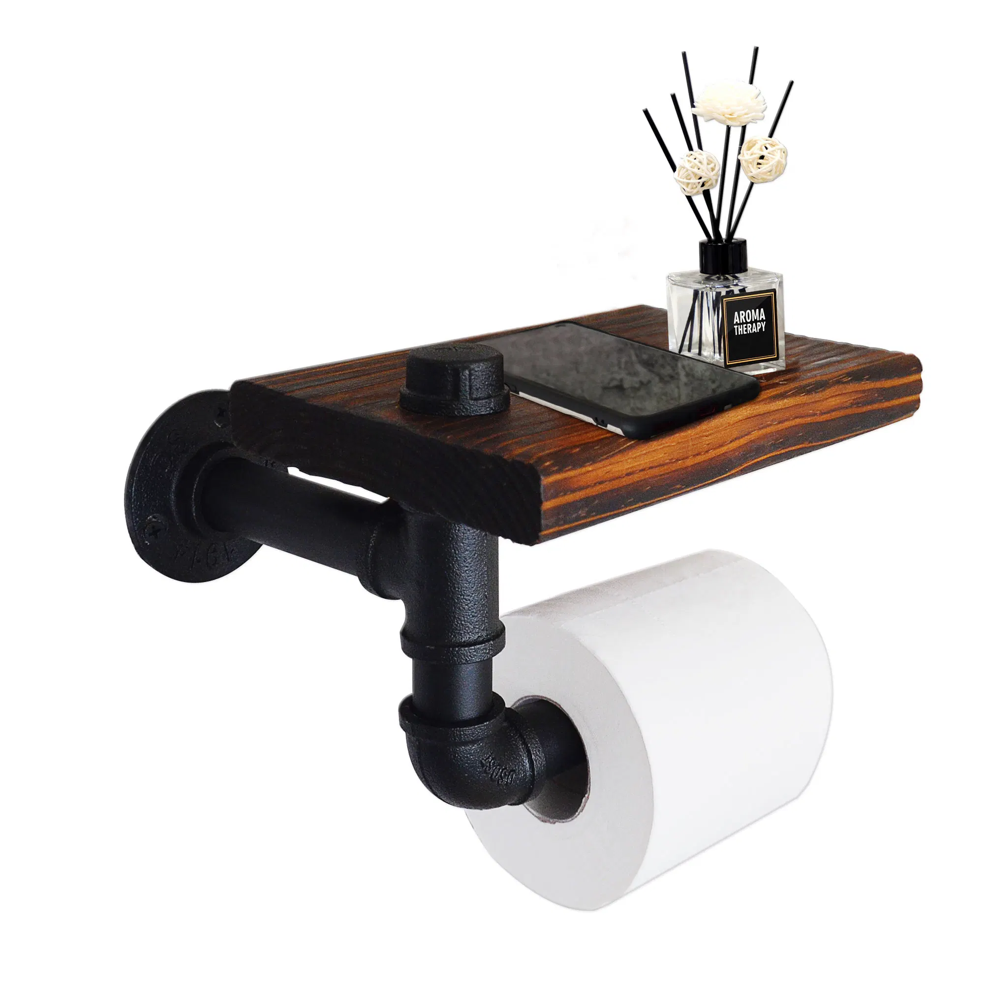 Industrial DIY Black Pipe Wallmount Toilet Paper Towel Holder Metal Pipe Fittings Bsp Threaded with Floor Flange