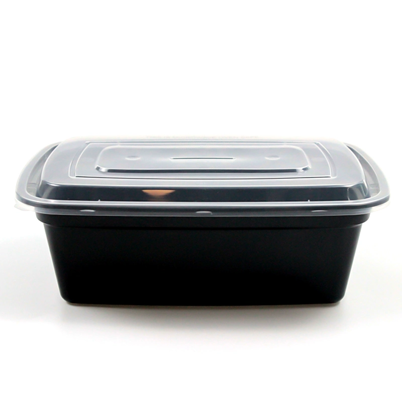 Caja de comida para llevar Vajilla de plástico desechables 1500ml PP Contenedor de comida negra de plástico con tapa personalizada clara