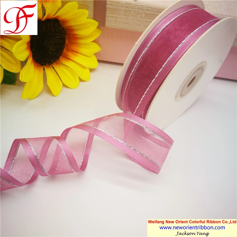 100% Nylon Satin Edge Organza Ribbon with Metallic Trims for Wrapping/Decoration/Xmas/Bows/Garment/Gift/Party Decoration From China Big Factory