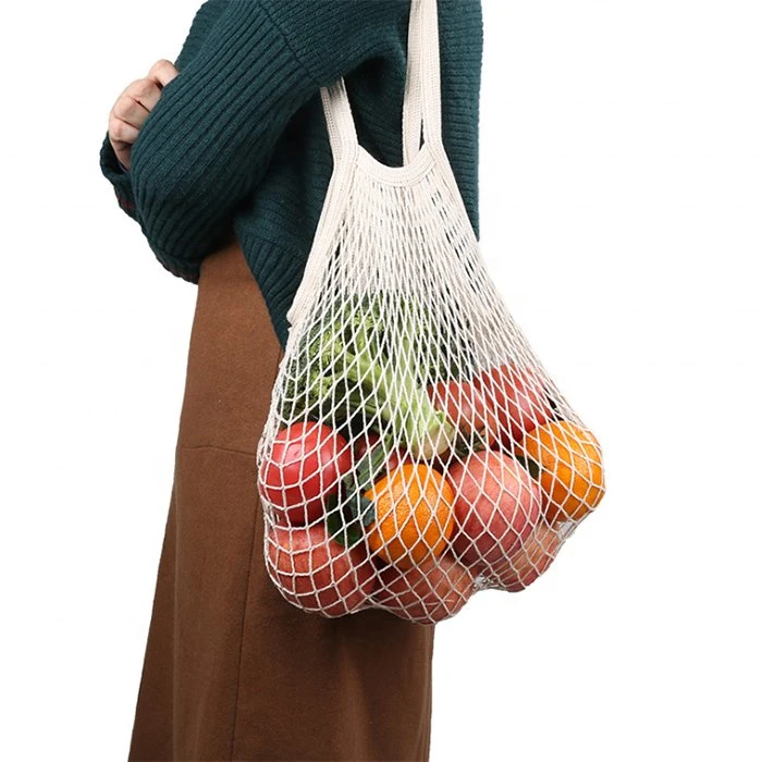 Natural Beige Portable Reusable Market Laundry Grocery Cotton Mesh Tote Shopping Bag with Handle