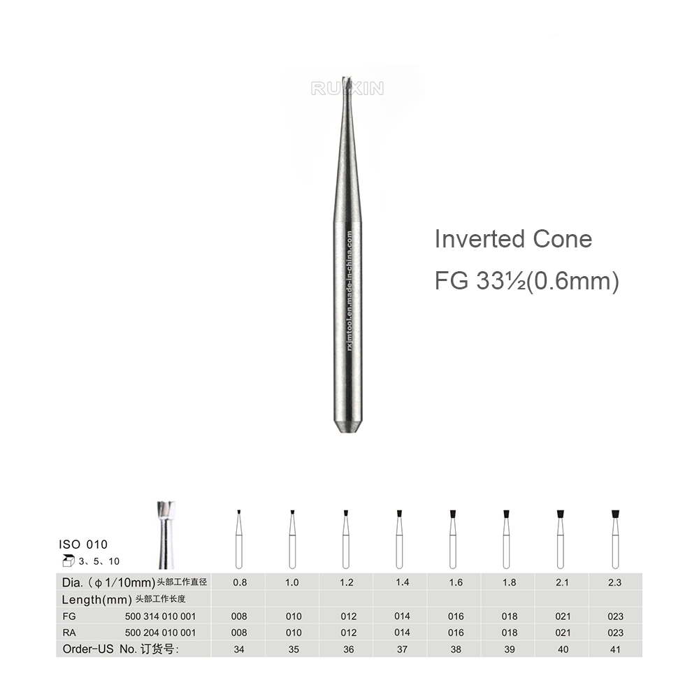 Top Quality Dental Cutting Equipment Medical FG Shank Inverted Cone Intraoral Tungsten Carbide Bur FG33/1/2 ISO 010/006