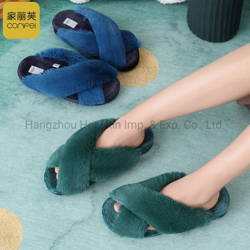 31930 House Furry Stripe Slippers Indoor Women Soft Foam Footwear