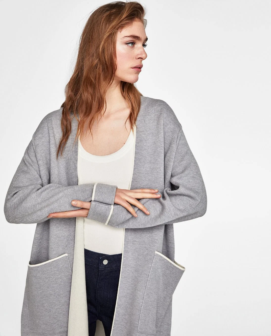 Women Knit Coat with Short Turn-up Sleeves and Pockets