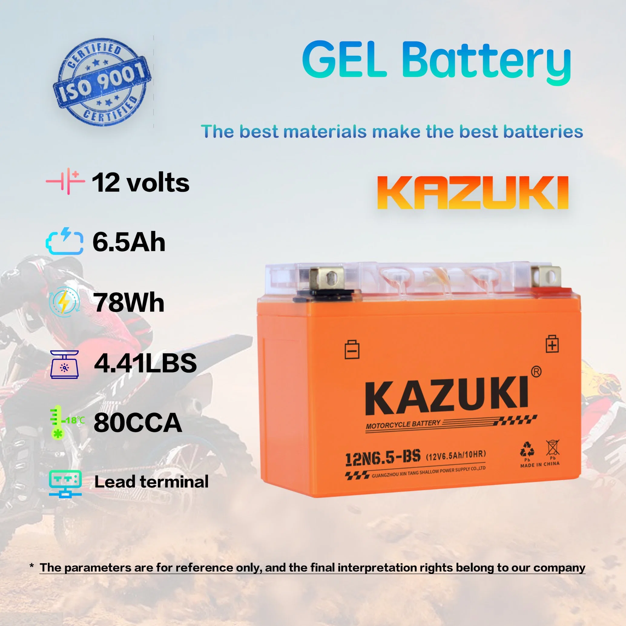 Kazuki 12V6.5ah 12Bateria n6.5L-BS moins cher de moto de gel de la batterie de moto