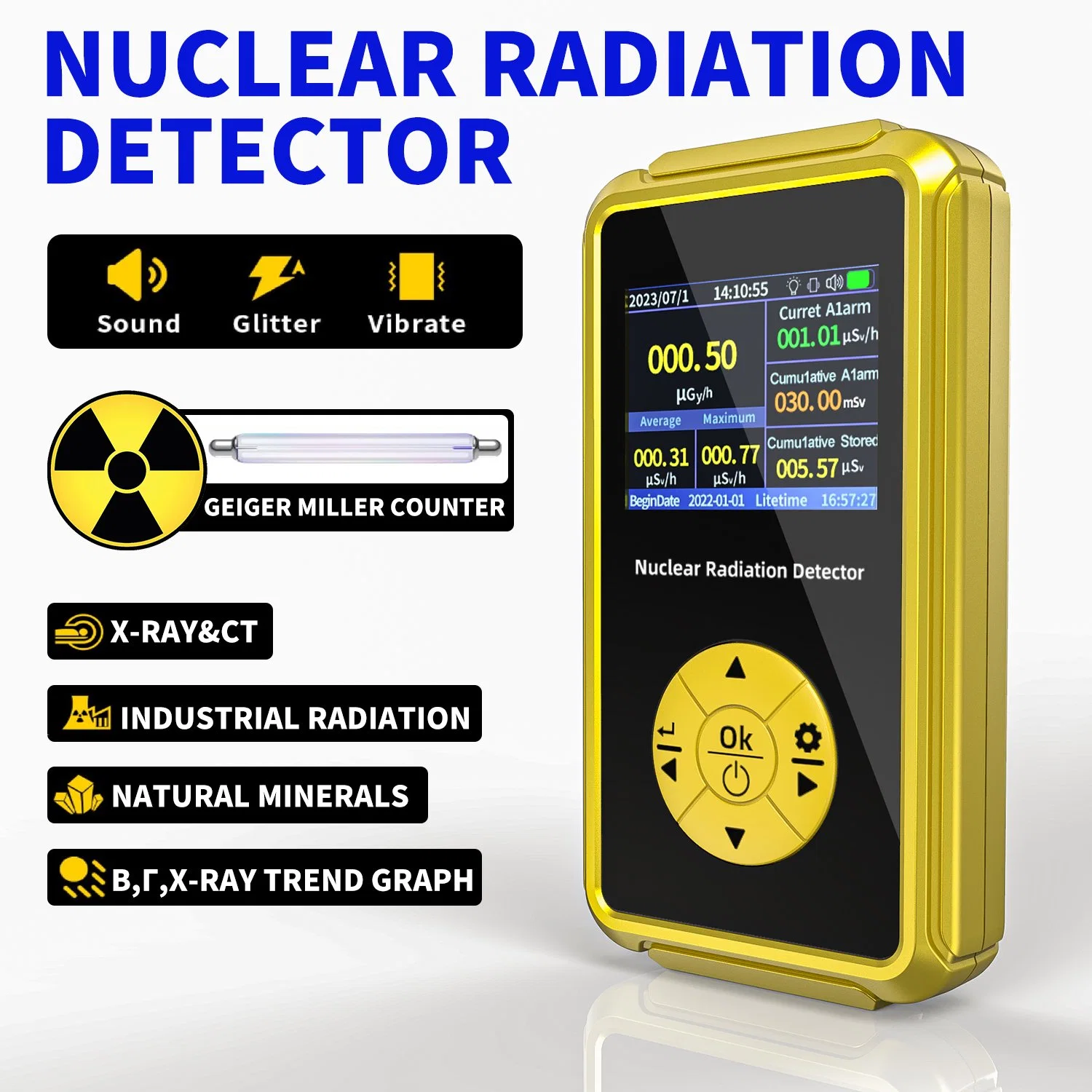 New Model Gold Safety Protection X Y and B Rays Nuclear Food Radiation Meter Detector Dosimeter Geiger Muller Counter Radiometer for Radiation Measurement