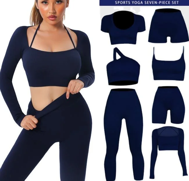 Women 6 Piece Ribbed Yoga Set Natural Color Activewear Suit Jogger Seamless Sportswear Fitness Workout Gym Clothing