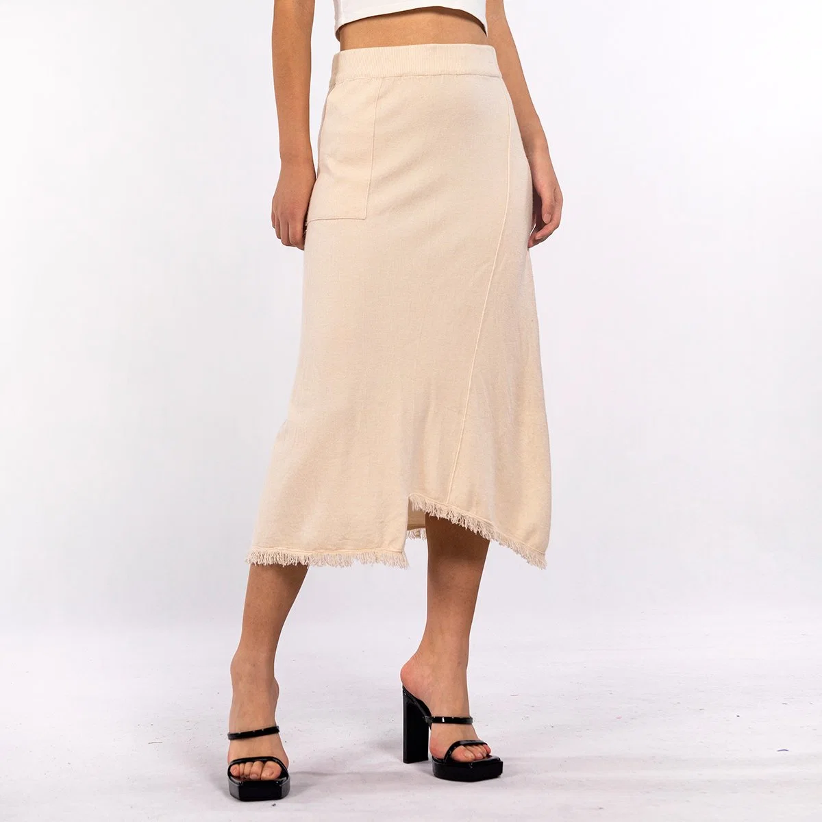 Design Irregular Beveled Edge Raw Edge with Pockets High Waisted Knit MIDI Skirt for Women