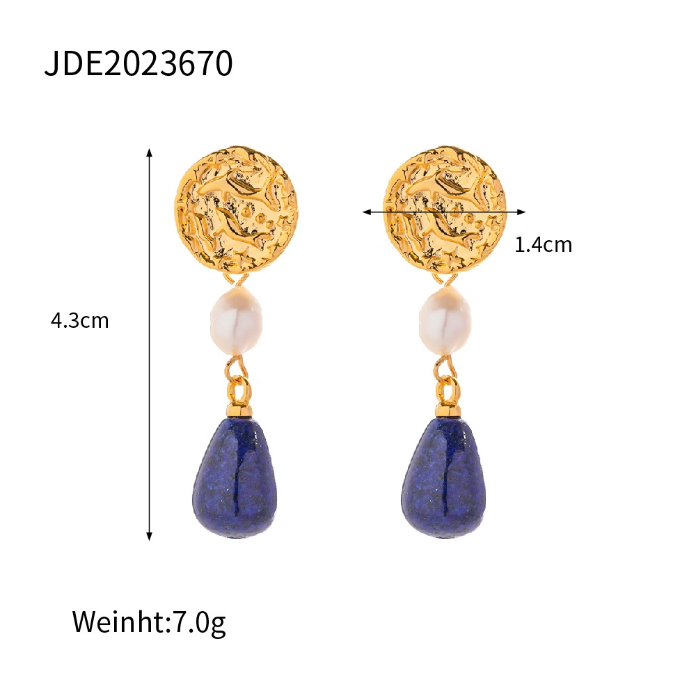 Fashion Vintage Gold Plated Brass Round Signet Coin Natural Stone Freshwater Pearl Drop Earrings for Women