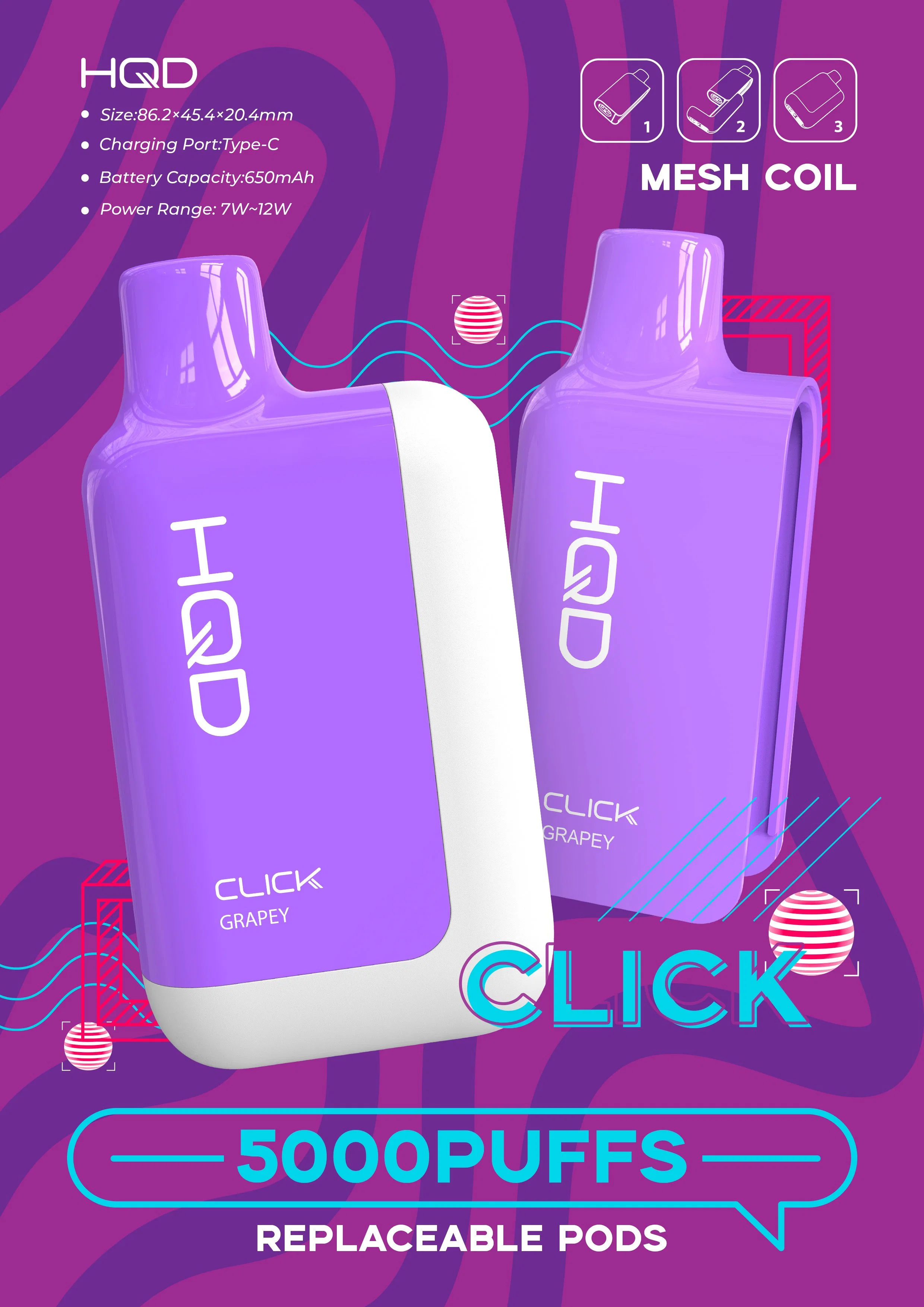 HQD Click 6000 Puffs Disposable Electronic Cigarette Pod dispositivo con Cartuchos