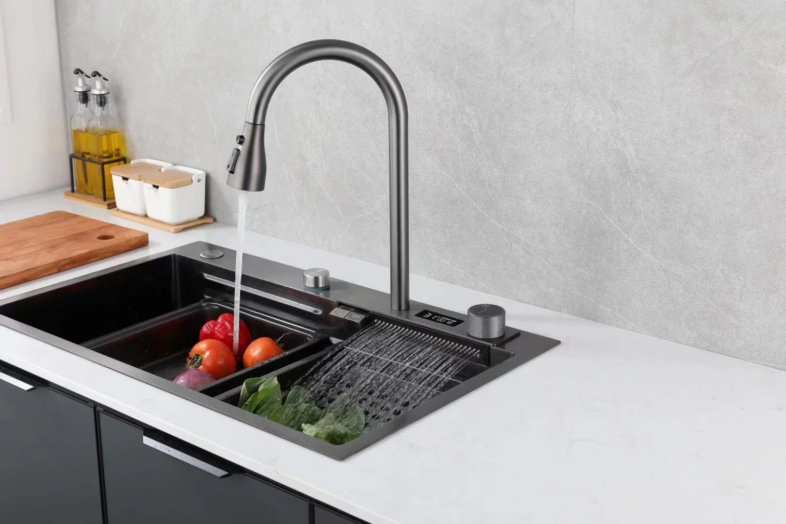 Kitchen Sink 304 Stainless Steel Handmade Above Mount Waterfall Faucet Farmhouse Multi-Fonction Stainless Steel Sink