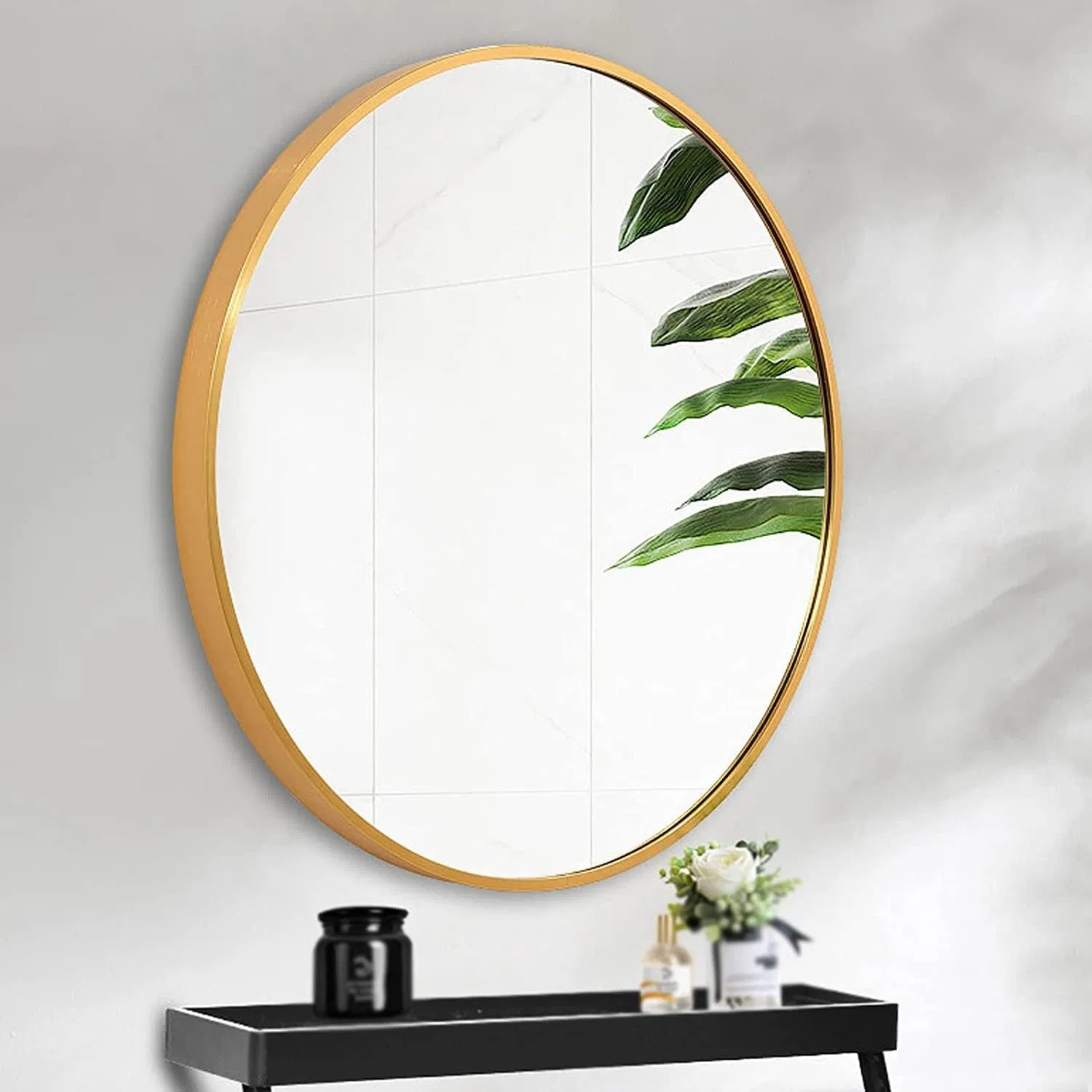 Miroir mural rond de salle de bain rond à cadre en aluminium doré de 800 mm avec supports