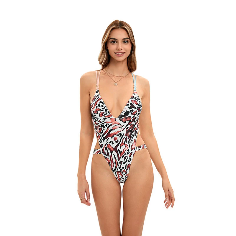 Leopard Print High Leg One-Piece Swimsuit V Neck Swimwear Beachwear Bathing Suit