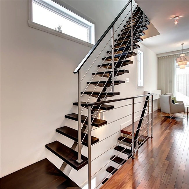 Modern Design Straight Steel Rod Railing Solid Wood Staircase