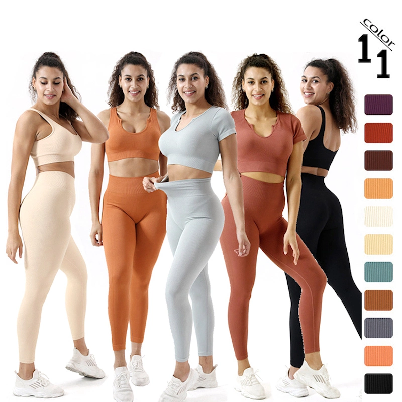 Amazon/Wish/Ebay Hot Sexy 5 Pieces Set Seamless Matching Sweatsuits Yoga Apparel for Women, Ribbed Workout Sports Top + High Waisted Gym Shorts Running Leggings