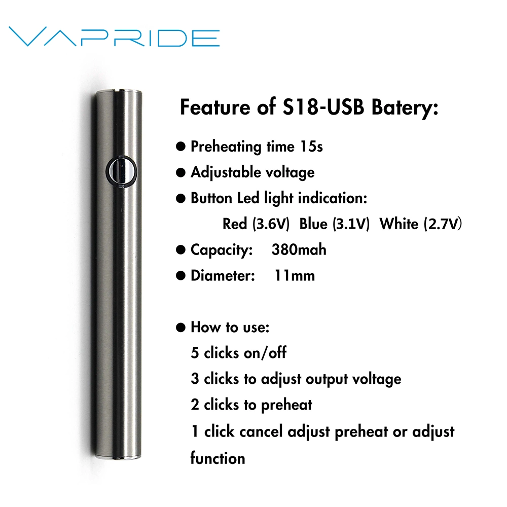 High quality/High cost performance  380mAh 510 Thread Rechargeable Vape Pen Battery with Preheating Preheat Button Voltage Adjustable Customized Custom Logo