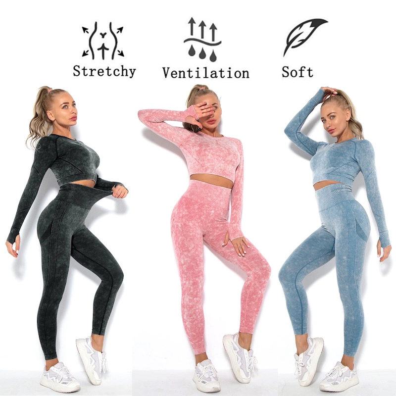 New Camo Pattern Acid Wash Vintage Butt Lifting Fitness Apparel for Female, 2 Piece Long Sleeve Seamless Working out Top + Contour Leggings Tie Dye Gym Sets