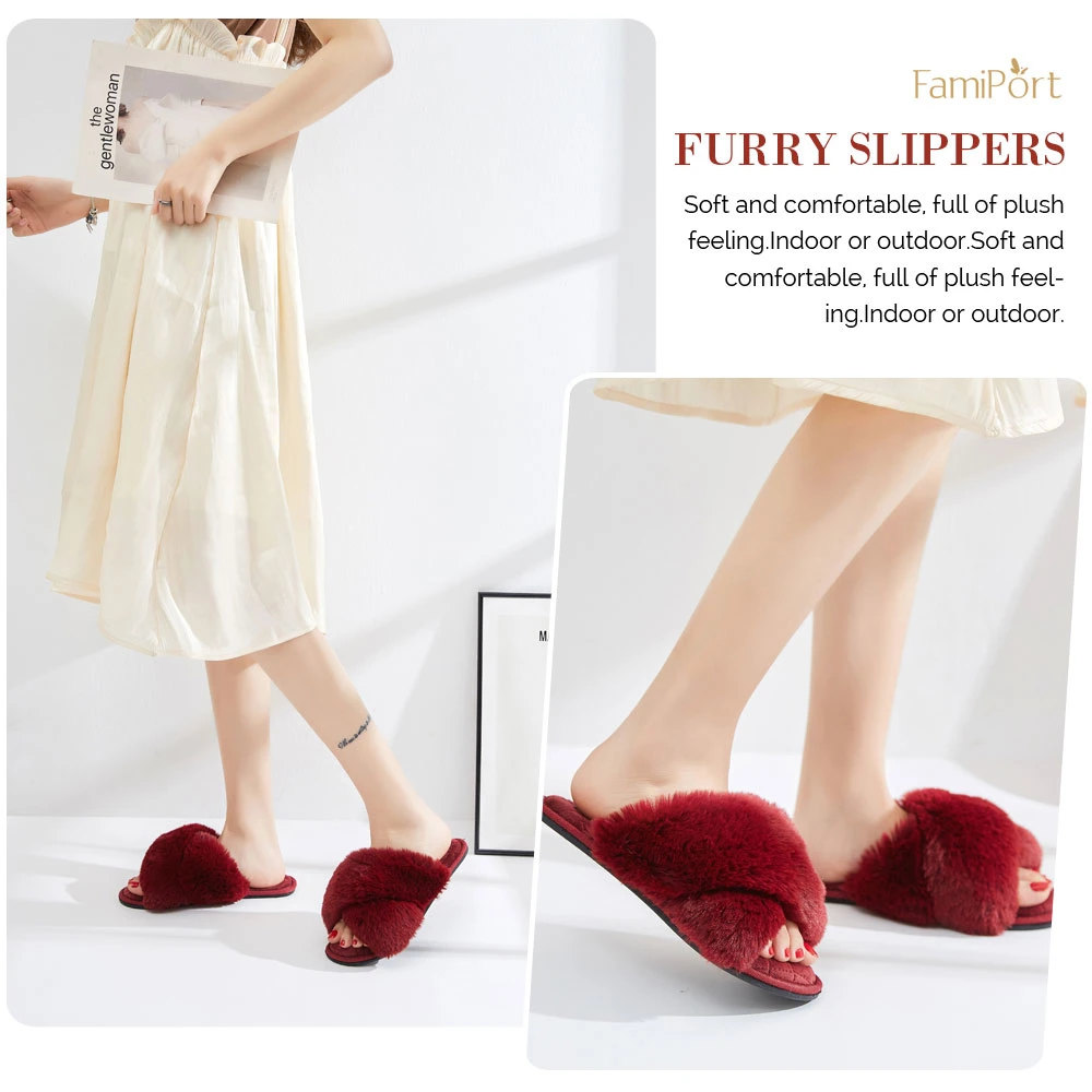 Women&prime; S Fuzzy Slippers Cross Band Memory Foam House Slippers Open Toe