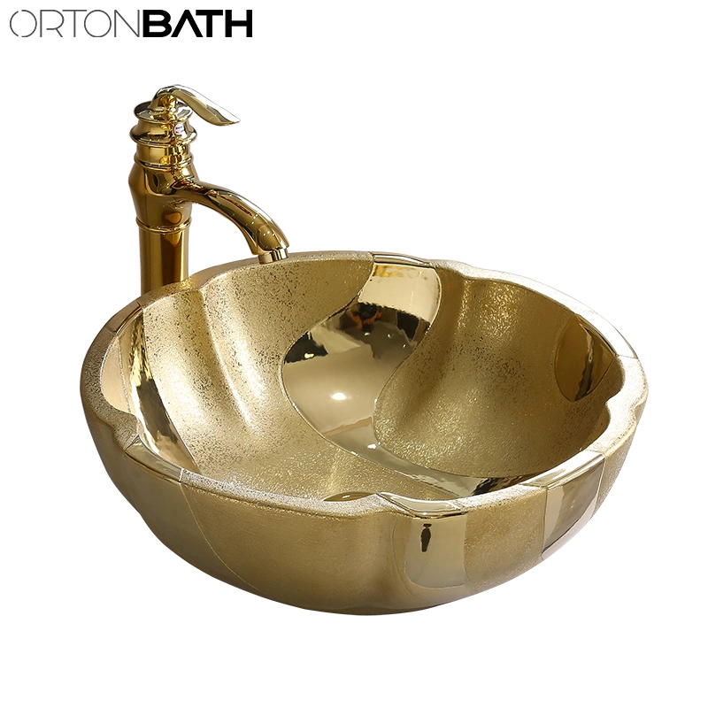 Ortonbath Round Blossom Flower Bathroom Counter Top Ceramic Electroplated Gold Basin Art Wash Basin Sink Without Faucet Mixer for Bathroom Vanity Cabinet